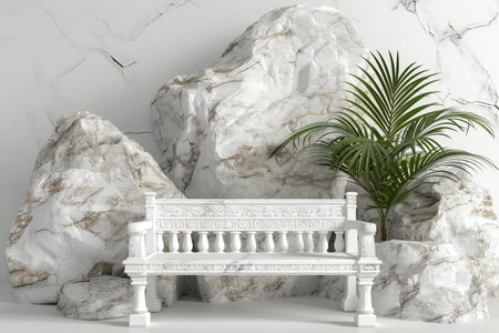 White bench with palm leavesle background.の素材