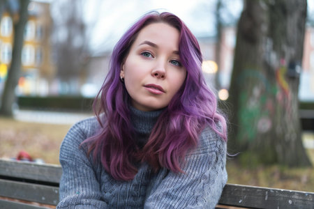 Beautiful young woman with purple hair sitting on a bench in the parkの素材