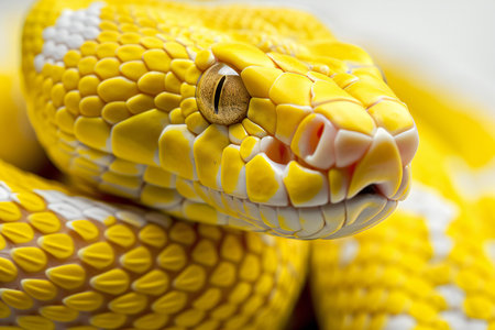 Close up of the head of a yellow snake with a white backgroundの素材