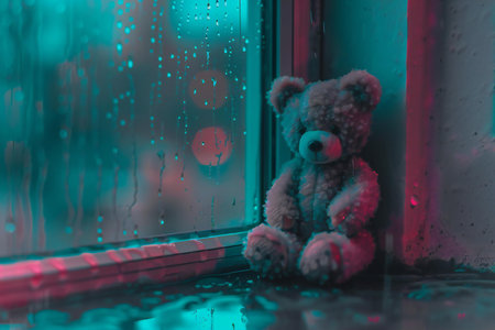 Teddy bear sitting on the window with raindrops on the glassの素材
