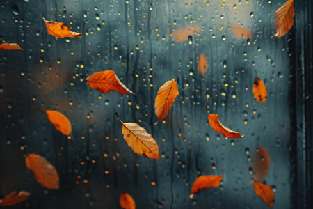 Fallen leaves on the window with raindrops. Autumn background.の素材