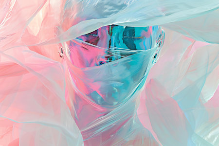 Futuristic portrait of a woman in a transparent polyethyleneの素材