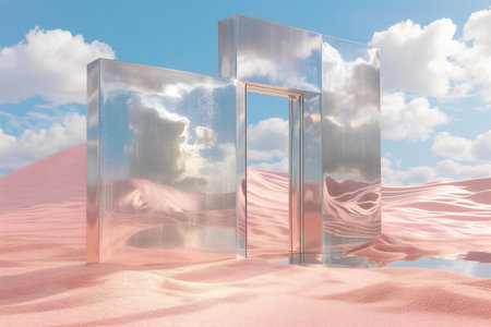 illustration of an open door in the desert with pink sand and cloudsの素材