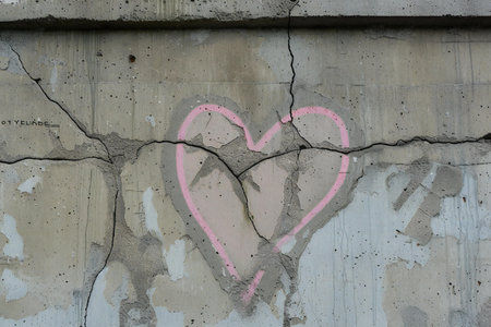 Broken heart on the concrete wall. Love and romance concept.の素材