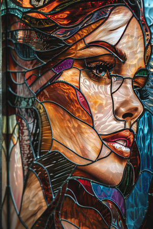 Colorful stained glass window in a church, close-up.の素材