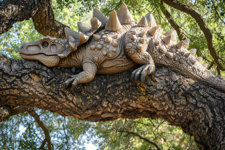 Triceratops dinosaur on a tree in the park.の素材