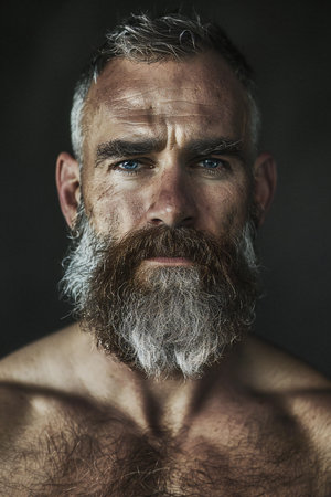 Portrait of a handsome man with a long beard and mustache on a dark backgroundの素材