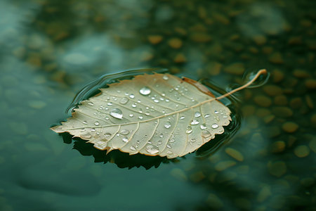 Leaf with water drops on the surface of the water. Shallow depth of fieldの素材