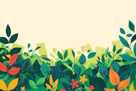 Spring background with green leaves, flowers and plants.の素材