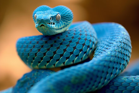 Close-up of the head of a blue pit viper.の素材