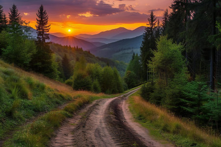 Dirt road in the mountains at sunset. Carpathian, Ukraineの素材