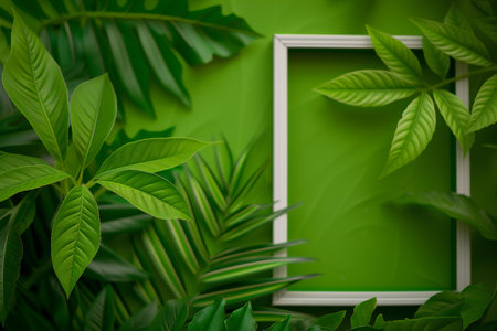 Green tropical leaves and white frame on green wall background. Copy space.の素材