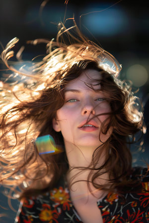 Portrait of a beautiful young woman with flying hair in the cityの素材