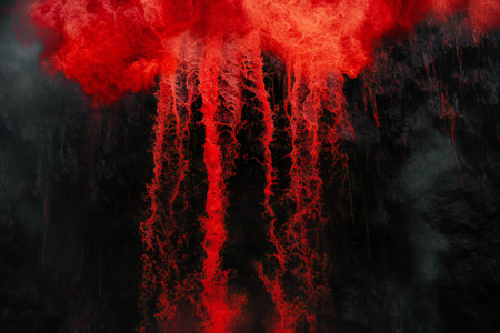 Red and black smoke on a black background. Abstract background. Texture.の素材