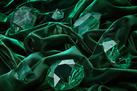 jewelry diamond on green satin cloth texture background, top viewの素材