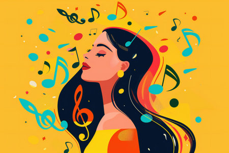 Beautiful young woman listening to music on colorful background.の素材