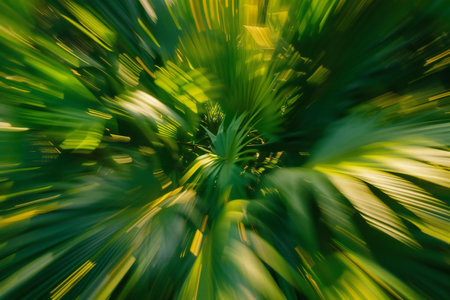 Abstract background of green tropical palm leaves. Blurred motion effect.の素材