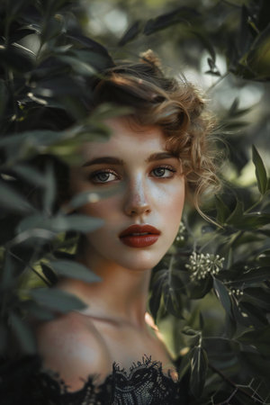 Portrait of beautiful young woman with red lips and wavy hair.の素材