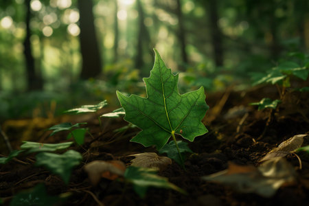 green leaf on the ground in the forest with sunlight and dark backgroundの素材