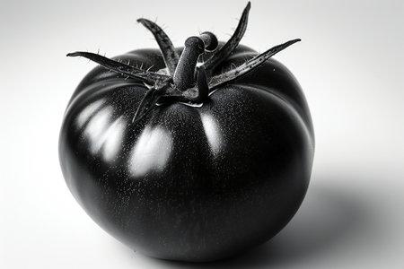 Black tomato on a white background. Close-up. Toned.の素材