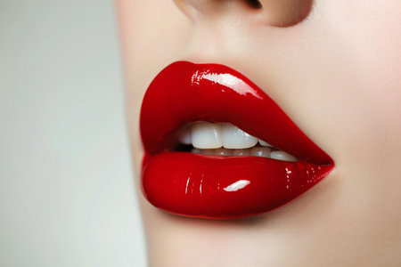 Beautiful female lips with red lipstick. Close-up shot.の素材