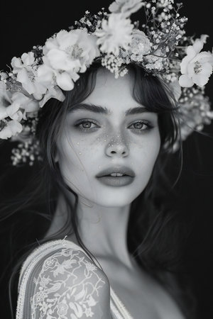 Portrait of a beautiful girl with a wreath of flowers.の素材