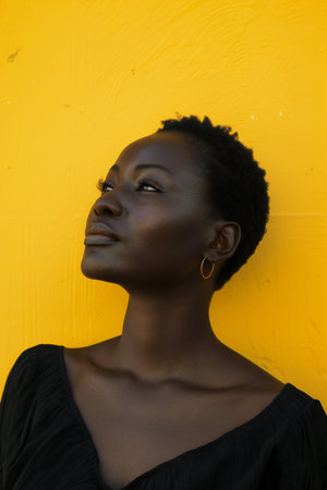 Portrait of a beautiful african american woman against yellow wallの素材