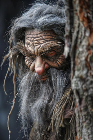 Old man with a long gray hair and a beard in the old treeの素材