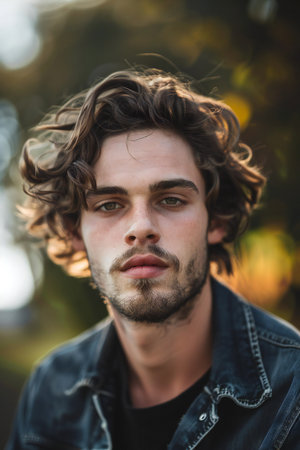 Portrait of handsome young man with long curly hair looking at camera outdoorsの素材
