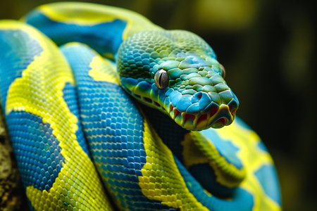 Close up of a yellow and blue boa constrictor snakeの素材