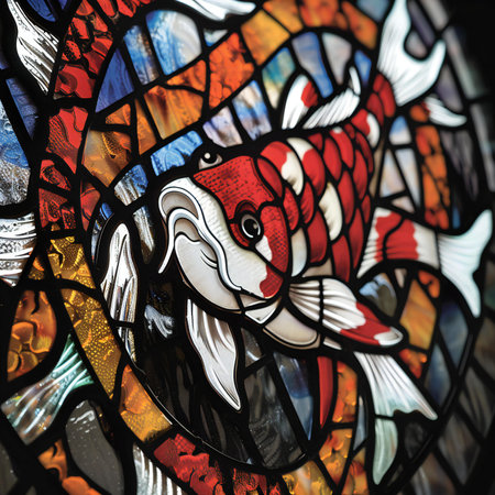 Colorful stained glass window of a church with a fish in the foregroundの素材