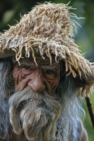 Old man with a long beard and mustache in a wicker hatの素材