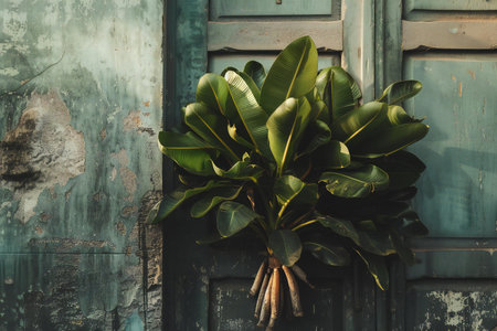Ficus benjamina flower on old wooden door, stock photoの素材