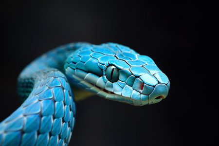 Close up of the head of a blue snake on a black backgroundの素材