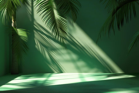 Green room with palm tree shadows and sunlight.の素材