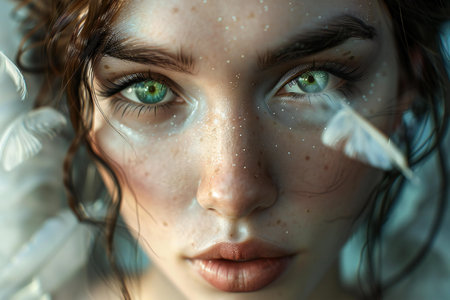 Close-up portrait of a beautiful young woman with angel wings.の素材