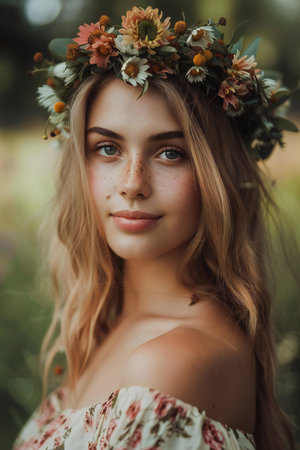 Beautiful young woman with wreath of flowers on her head.の素材
