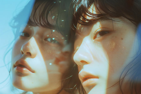 Portrait of two beautiful young women looking at each other through glassの素材