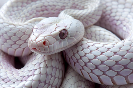 Close-up of a white snake's head on a white backgroundの素材