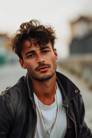 Portrait of a handsome young man with long curly hair, wearing a black leather jacket and white T-shirt.の素材
