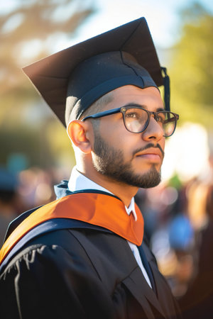 Portrait of a young male graduate wearing graduation gown and glasses.の素材
