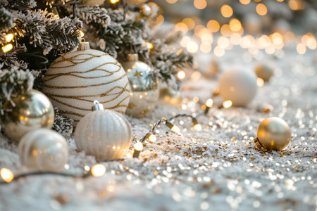 Christmas and New Year background. Decorated Christmas tree on a snowy background.の素材