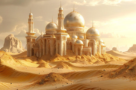 illustration of mosque in the desert with sand dunes.の素材