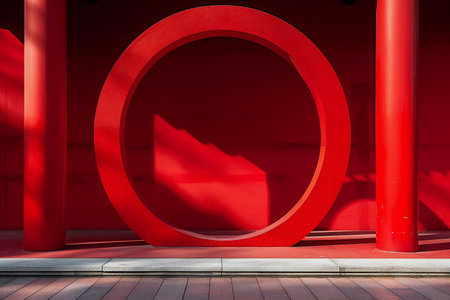 Abstract red background with round frame on the wall of Chinese temple.の素材