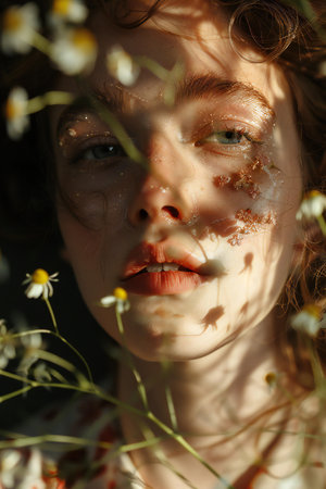 Close up portrait of a beautiful young woman with chamomile flowersの素材