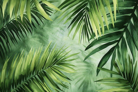 Green tropical palm leaves on grunge background.の素材