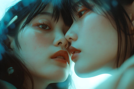 close up portrait of two beautiful young asian women looking at each otherの素材
