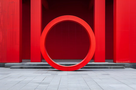 Red round sign in front of the red wall.の素材