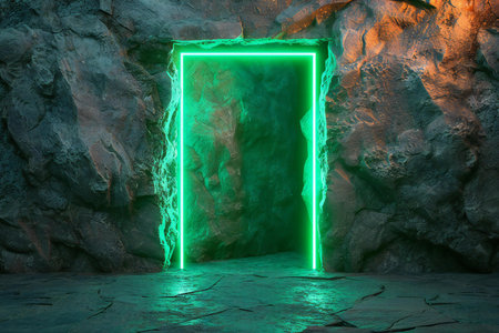 green neon light in the dark cave background.の素材