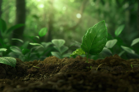 Green seedling growing in the soil with green bokeh backgroundの素材